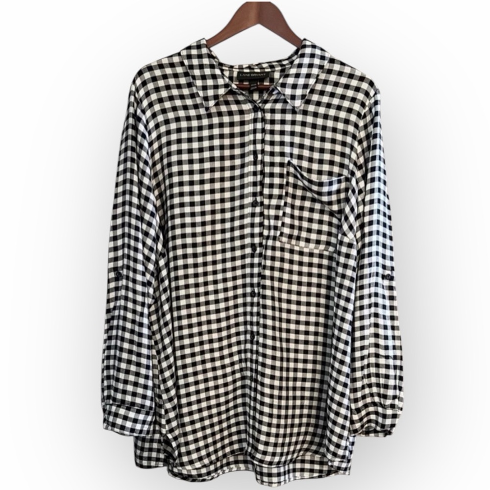 Lane Bryant Black White Gingham Plaid Button Down Shirt Plus Size 22/24 Roll Tab